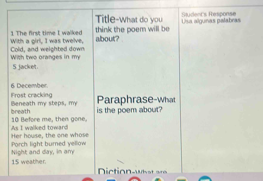 Student's Response 
Title-What do you Usa algunas palabras 
1 The first time I walked think the poem will be 
With a girl, I was twelve, about? 
Cold, and weighted down 
With two oranges in my
5 jacket.
6 December. 
Frost cracking 
Beneath my steps, my Paraphrase-What 
breath is the poem about?
10 Before me, then gone, 
As I walked toward 
Her house, the one whose 
Porch light burned yellow 
Night and day, in any
15 weather. 
Diction-What are