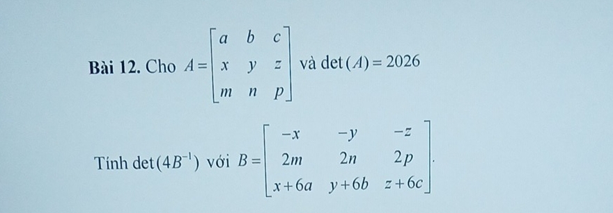 Cho A=beginbmatrix a&b&c x&y&z m&n&pendbmatrix và det (A)=2026
Tính det (4B^(-1)) với B=beginbmatrix -x&-y&-z 2m&2n&2p x+6a&y+6b&z+6cendbmatrix