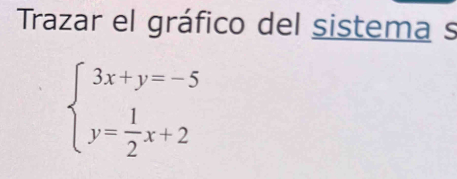 Trazar el gráfico del sistema s
beginarrayl 3x+y=-5 y= 1/2 x+2endarray.