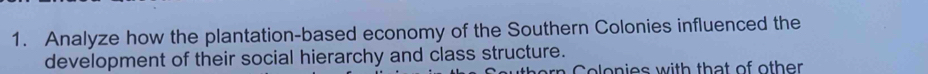 Analyze how the plantation-based economy of the Southern Colonies influenced the 
development of their social hierarchy and class structure.