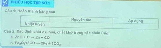 PHIẾU HọC Tập Số 1 
Câu 1: Hoàn thành bảng sau 
Câu 2: Xác định chất oxi hoá, chất khử trong các phản ứng: 
a. ZnO+Cto Zn+CO
b. Fe_2O_3+3COto 2Fe+3CO_2