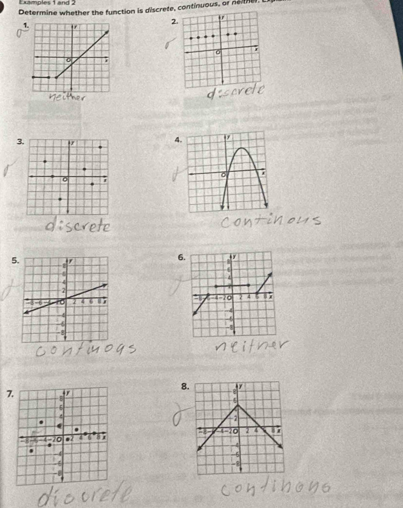 Examples 1 and 2 
Determine whether the function is discrete, continuous, or neither. L 
1. 
2. 
3. 
5 
6. B 
2 4 5 8 x
-4
-6
8 
8 
7.