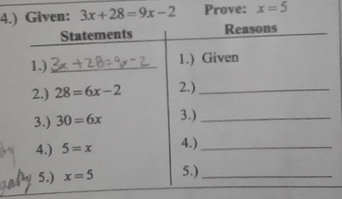 4 3x+28=9x-2 Prove: x=5