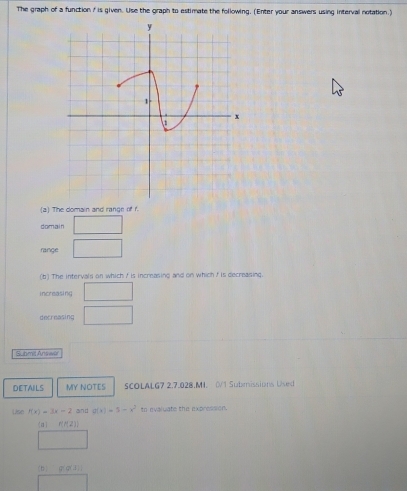 The graph of a function / is given. Use the graph to estimate the following. (Enter your answers using interval notation.) 
(a) The domain and range of r. 
domain □ 
range □ 
(b) The intervals on which I is increasing and on which I is decreasing. 
increasing □ 
decreasing □ 
Submit Answor 
DETAILS MY NOTES SCOLALG7 2.7.028.MI. 0/1 Submissions Used 
Use f(x)=3x-2 and g(x)=5-x^2 to evaluate the expression. 
a f(f(2))
□ 
(b) g c 2: 
□