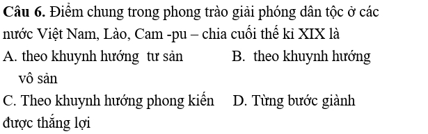 Điểm chung trong phong trào giải phóng dân tộc ở các
nước Việt Nam, Lào, Cam -pu - chia cuối thể kỉ XIX là
A. theo khuynh hướng tư sản B. theo khuynh hướng
vô sản
C. Theo khuynh hướng phong kiển D. Từng bước giành
được thắng lợi