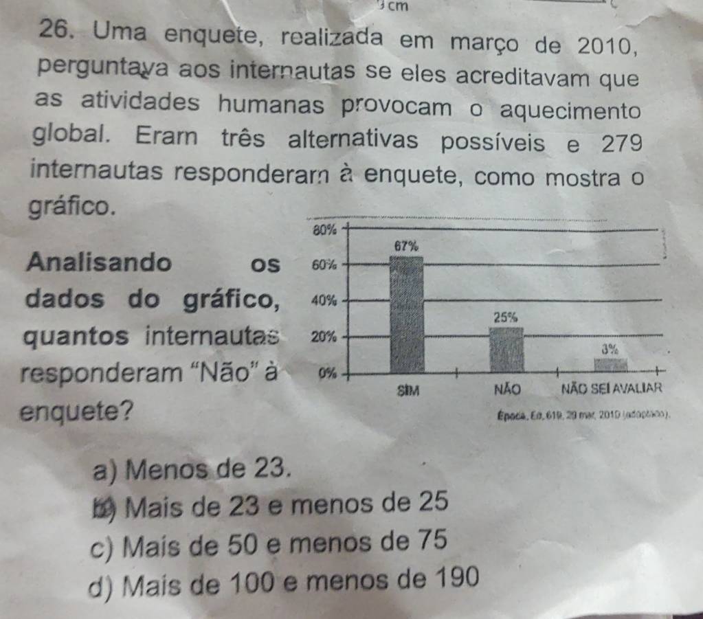 3 cm
26. Uma enquete, realizada em março de 2010,
perguntaya aos internautas se eles acreditavam que
as atividades humanas provocam o aquecimento 
global. Eram três alternativas possíveis e 279
internautas responderar à enquete, como mostra o
gráfico.
80%
67%
Analisando os 60%
dados do gráfico, 40%
25%
quantos internauta 20%
3%
responderam “Não” à 0%
SIM nǎo NÃo Sei Avaliar
enquete? Époce, Ed, 619, 29 mr, 2010 (adaptaco ).
a) Menos de 23.
b) Mais de 23 e menos de 25
c) Mais de 50 e menos de 75
d) Mais de 100 e menos de 190