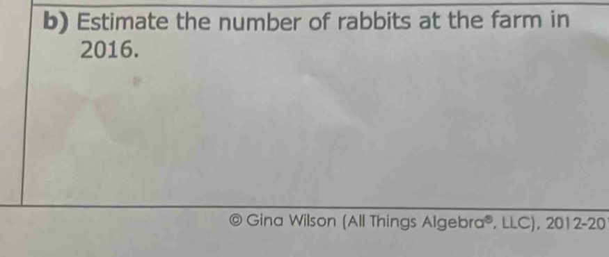 Estimate the number of rabbits at the farm in 
2016. 
Gina Wilson (All Things Algebra®, LLC), 2012-20