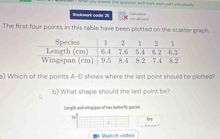 stian - when you answer this question we'll mark each part individually 
Bookwork code: 2E Calculator 
not allowed 
The first four points in this table have been plotted on the scatter graph. 
a) Which of the points A-D shows where the last point should be plotted? 
b) What shape should the last point be? 
Length and wingspan of two butterfly species
10
Key 
Emariar 1 
Watch video