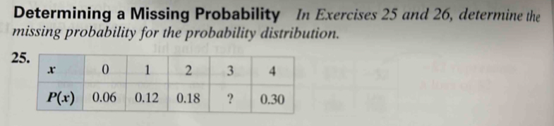 Determining a Missing Probability In Exercises 25 and 26, determine the
missing probability for the probability distribution.
2