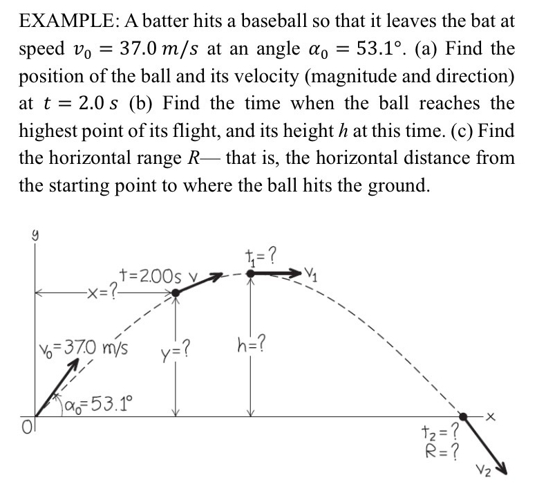 EXAMPLE: A batter hits a baseball so that it leaves the bat at
speed v_0=37.0m/s at an angle alpha _0=53.1°. (a) Find the
position of the ball and its velocity (magnitude and direction)
at t=2.0 . S (b) Find the time when the ball reaches the
highest point of its flight, and its height h at this time. (c) Find
the horizontal range R— that is, the horizontal distance from
the starting point to where the ball hits the ground.