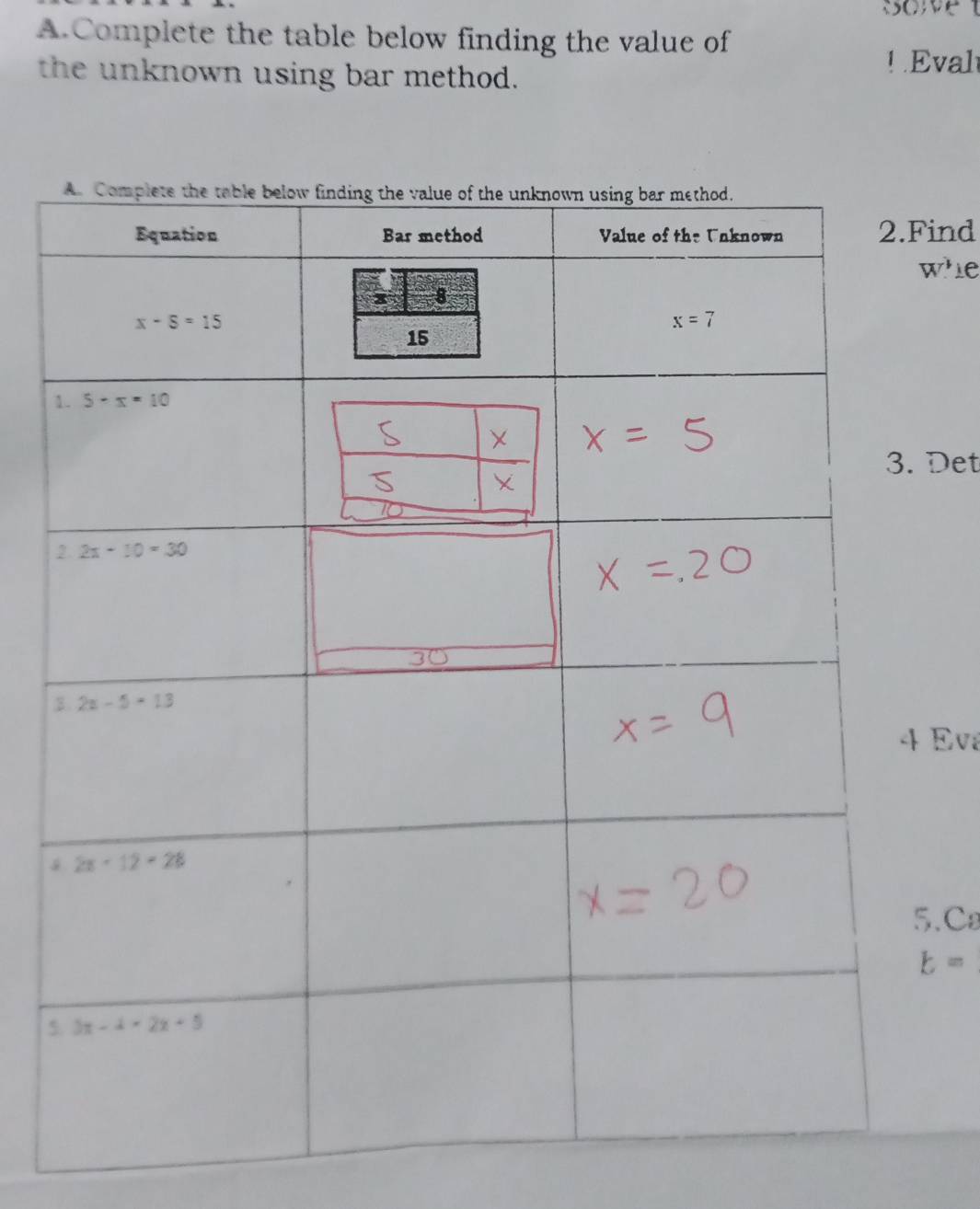 soet
A.Complete the table below finding the value of
the unknown using bar method.
! Eval
ind
W' ie
Det
Eva
.Ca
b=
5