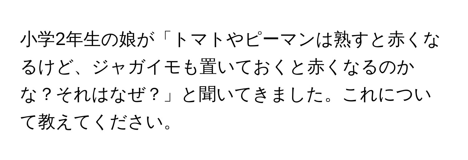 小学2年生の娘が「トマトやピーマンは熟すと赤くなるけど、ジャガイモも置いておくと赤くなるのかな？それはなぜ？」と聞いてきました。これについて教えてください。