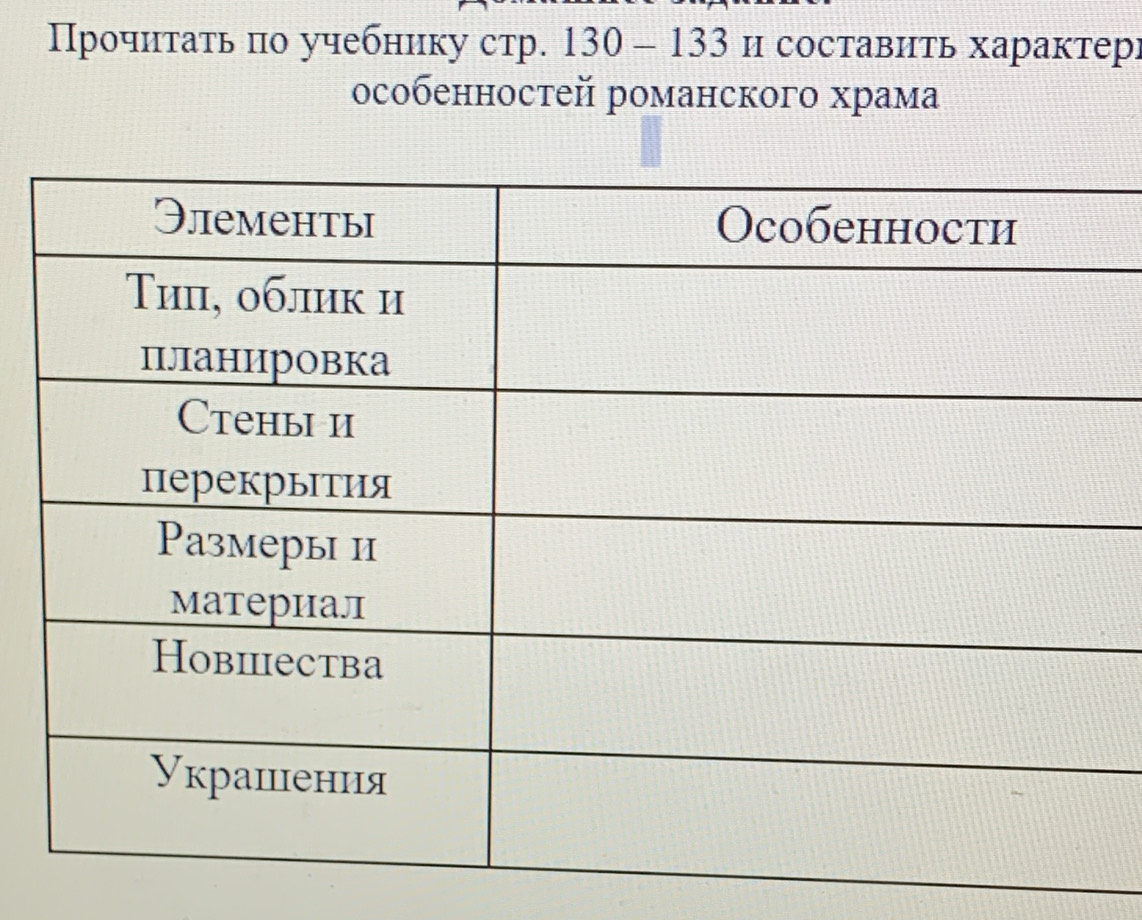 Ιроοчητаτь πо учебнику стр. 130 - 133 и составиτь характерι 
особенностей романского храма