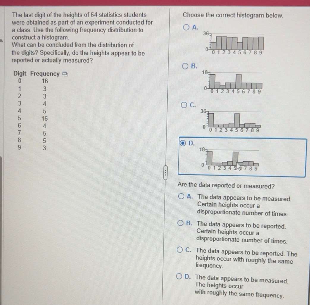 Solved: The last digit of the heights of 64 statistics students Choose ...