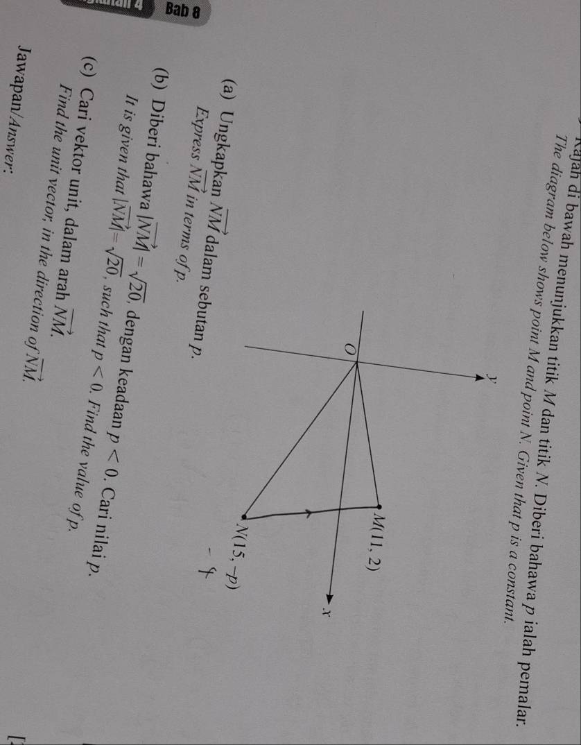 Kajah di bawah menunjukkan titik Mdan titik N. Diberi bahawa p ialah pemalar.
The diagram below shows point M and point N. Given that p is a constant.
(a) Ungkapkan vector NM
Express vector NM in terms of p.
(b) Diberi bahawa |vector NM|=sqrt(20) , dengan keadaan p<0</tex> . Cari nilai p.
a It is given that |vector NM|=sqrt(20) , such that p<0</tex> . Find the value of p.
(c) Cari vektor unit, dalam arah vector NM.
Find the unit vector, in the direction of vector NM.
Jawapan/Answer:
L