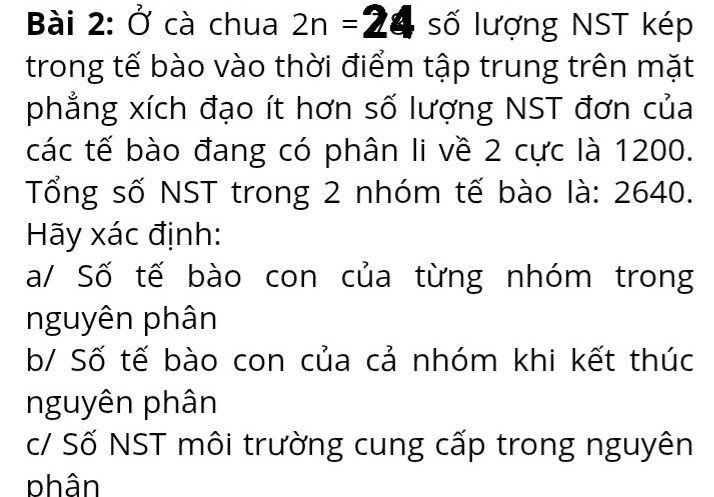 Ở cà chua 2n= 4 số lượng NST kép
trong tế bào vào thời điểm tập trung trên mặt
phẳng xích đạo ít hơn số lượng NST đơn của
các tế bào đang có phân li về 2 cực là 1200.
Tổng số NST trong 2 nhóm tế bào là: 2640.
Hãy xác định:
a/ Số tế bào con của từng nhóm trong
nguyên phân
b/ Số tế bào con của cả nhóm khi kết thúc
nguyên phân
c/ Số NST môi trường cung cấp trong nguyên
phân