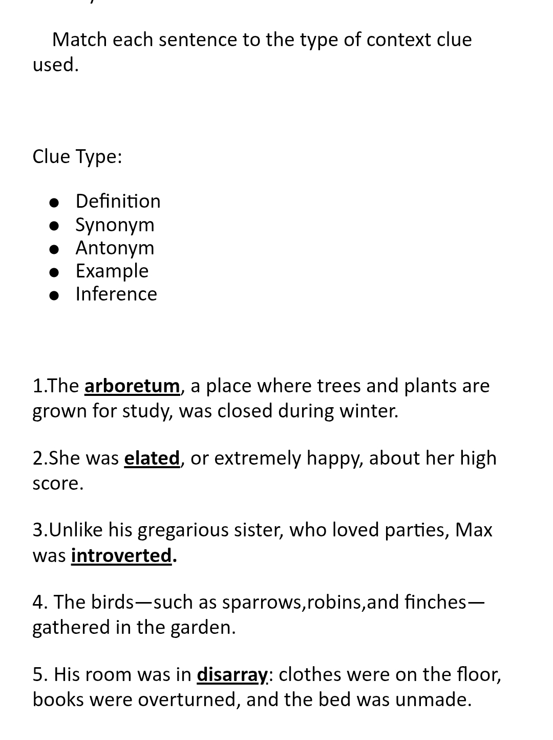 Solved: Match each sentence to the type of context clue used. Clue Type ...