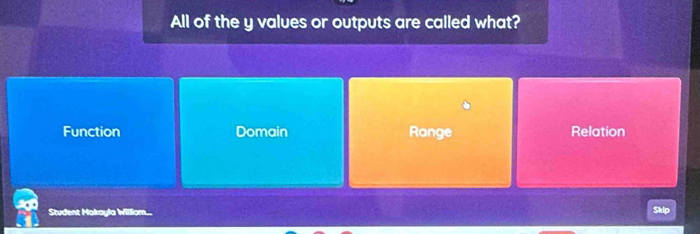 All of the y values or outputs are called what?
Function Domain Range Relation
Student Makayla William...