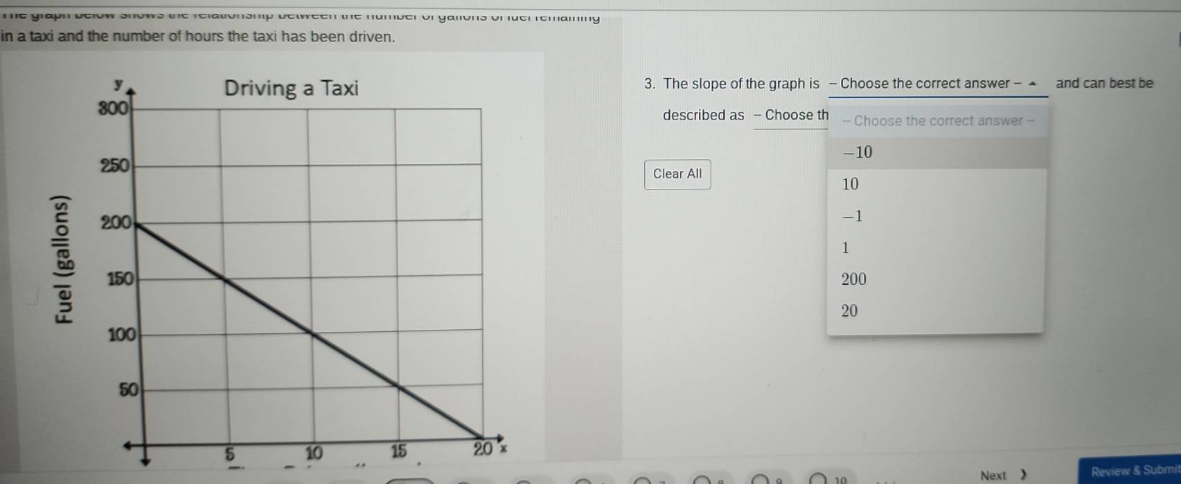 Te graph below shows the relationship between the humber of galions of luer remaining
in a taxi and the number of hours the taxi has been driven.
3. The slope of the graph is - Choose the correct answer - ▲ and can best be
described as - Choose th -- Choose the correct answer -
-10
Clear All
10
-1
1
200
20
Next 》 Review & Submi