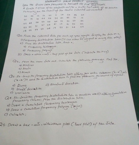 MRETCMHTICE NEAIHR FROTEET SDRNIRS. 
Use THE GVEN DIm PROUDED TO ANSWER Te FiV DueSTONS. 
A Grade i craas of to wtuento wet for a on a the feat wmm of 4s mome 
Folrowing are the result of the muto colacted aro recoarbed. 
(1 19 03 A4 84 23 88 15 13 a2 84 40 18 16 11 14 84 2C 24
12
95 41 20 97 20 21 of 1 + 30 1134 ge 25 35
go 
g1
10 29 49 22 20 19 39 g1 3 + 29
Q1. From the collected bata for each op your troupe. Somplay the bate on a 
D Frequancy daintrbution fable (it can elner hie aroupres or uainoly bata entey) 
) From the doiatorbution luble, drais a; 
a Frequency hintoarom. 
( Freenenoy polyigh 
N Draaa warem-ans-leap plat on the data (inducate The kooy ) 
Q2. From mhe name Sata yook, Calou late the following gveraago. Find the; 
a masian 
( ) Aaace 
c)Macn 
Q3. Re-draw the foeeuancy dhinfobation table addut Nwo arten Columna (x-x^(-1endpmatrix)  ond 
B. work the C fribto on felse to fins the pollowino me aourne of apeads 
a Raing ( standas deviaton 
b mean sevation 
() variance 
Q4. Re-dvea the frequency daotbut on tabe in evantion one () abǒine fumdat 
Preeconcy Column- From the dtobution Table; 
a DvaeD a Cumulative fiequency hiot0ogam 
b) Dvac e Cumulation frequency polyoan (ogjve) 
() colculate; 
25. Dvaw a box-ans. Whiohero plot (box plot) of the Sefa