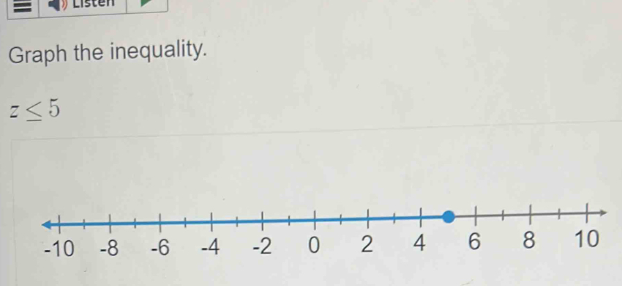 = Listen 
Graph the inequality.
z≤ 5