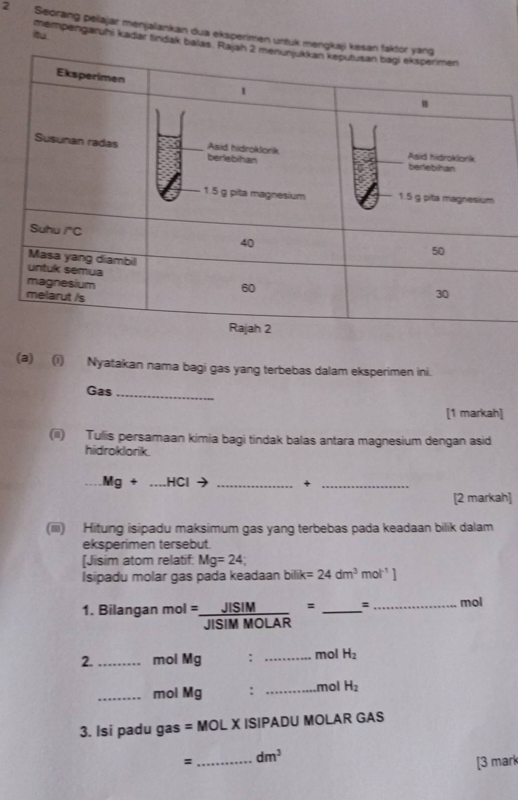 Seorang pellajar menjaiankan dua eksperimen untuk
mempengaruhi kadar tindak ba
(a) (i) Nyatakan nama bagi gas yang terbebas dalam eksperimen ini.
Gas_
[1 markah]
(iii) Tulis persamaan kimia bagi tindak balas antara magnesium dengan asid
hidroklorik.
Mg+ _HCl _+_
[2 markah]
(iiii) Hitung isipadu maksimum gas yang terbebas pada keadaan bilik dalam
eksperimen tersebut.
[Jisim atom relatif: Mg=24;
Isipadu molar gas pada keadaan bilik=24dm^3mol^(-1)]
1. Bilangan mol= JISIM/JISIMMOLAR = __
:
mol
2. _mol Mg :_
mol H_2
_mol Mg :_
mol H_2
3. Isi padu gas =MOLX ISIPADU MOLAR GAS
_=
dm^3
[3 mark