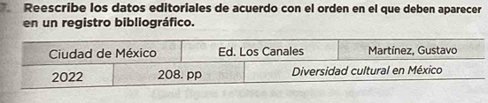 Reescribe los datos editoriales de acuerdo con el orden en el que deben aparecer 
en un registro bibliográfico.