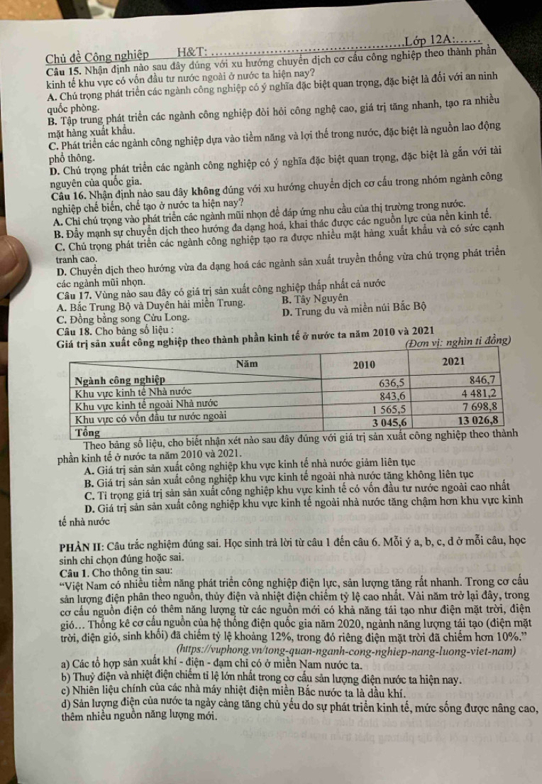 Chủ đề Công nghiệp H&T: Lớp 12A:.…
Câu 15. Nhận định nào sau đây dúng với xu hướng chuyển dịch cơ cấu công nghiệp theo thành phần
kinh tế khu vực có vốn đầu tư nước ngoài ở nước ta hiện nay?
A. Chú trọng phát triển các ngành công nghiệp có ý nghĩa đặc biệt quan trọng, đặc biệt là đối với an ninh
quốc phòng.
B. Tập trung phát triển các ngành công nghiệp đòi hỏi công nghệ cao, giá trị tăng nhanh, tạo ra nhiều
mặt hàng xuất khẩu.
C. Phát triển các ngành công nghiệp dựa vào tiểm năng và lợi thế trong nước, đặc biệt là nguồn lao động
phổ thông.
D. Chú trọng phát triển các ngành công nghiệp có ý nghĩa đặc biệt quan trọng, đặc biệt là gắn với tài
nguyên của quốc gia.
Câu 16. Nhận định nào sau dây không đúng với xu hướng chuyển dịch cơ cấu trong nhóm ngành công
nghiệp chế biến, chế tạo ở nước ta hiện nay?
A. Chỉ chú trọng vào phát triển các ngành mũi nhọn đề đáp ứng nhu cầu của thị trường trong nước.
B. Đầy mạnh sự chuyển dịch theo hướng đa dạng hoá, khai thác được các nguồn lực của nền kinh tế.
C. Chủ trọng phát triển các ngành công nghiệp tạo ra được nhiều mặt hàng xuất khẩu và có sức cạnh
tranh cao.
D. Chuyển dịch theo hướng vừa đa dạng hoá các ngành sản xuất truyền thống vừa chú trọng phát triển
các ngành mũi nhọn.
Câu 17. Vùng nào sau đây có giá trị sản xuất công nghiệp thấp nhất cả nước
A. Bắc Trung Bộ và Duyên hải miền Trung. B. Tây Nguyên
C. Đồng bằng song Cửu Long. D. Trung du và miền núi Bắc Bộ
Câu 18. Cho bảng số liệu :
Giá trị sản xuất công nghiệp theo thành phần kinh tế ở nước ta năm 2010 và 2021
(Đơn vị: nghìn tỉ đồng)
Theo bảng số liệu, cho biết nhận xét nào
phần kinh tế ở nước ta năm 2010 và 2021.
A. Giá trị sản sản xuất công nghiệp khu vực kinh tế nhà nước giảm liên tục
B. Giá trị sản sản xuất công nghiệp khu vực kinh tế ngoài nhà nước tặng không liên tục
C. Tỉ trọng giá trị sản sản xuất công nghiệp khu vực kinh tế có vốn đầu tư nước ngoài cao nhất
D. Giá trị sản sản xuất công nghiệp khu vực kinh tế ngoài nhà nước tăng chậm hơn khu vực kinh
tế nhà nước
PHẢN II: Câu trắc nghiệm đúng sai. Học sinh trả lời từ câu 1 đến câu 6. Mỗi ý a, b, c, d ở mỗi câu, học
sinh chỉ chọn đúng hoặc sai.
Câu 1. Cho thông tin sau:
*Việt Nam có nhiều tiềm năng phát triển công nghiệp điện lực, sản lượng tăng rất nhanh. Trong cơ cấu
sân lượng điện phân theo nguồn, thủy điện và nhiệt điện chiếm tỷ lệ cao nhất. Vài năm trở lại đây, trong
cơ cấu nguồn điện có thêm năng lượng từ các nguồn mới có khả năng tái tạo như điện mặt trời, điện
gióớ Thống kê cơ cấu nguồn của hệ thống điện quốc gia năm 2020, ngành năng lượng tái tạo (điện mặt
trời, điện gió, sinh khối) đã chiếm tỷ lệ khoảng 12%, trong đó riêng điện mặt trời đã chiếm hơn 10%.''
(https://vuphong.vn/tong-quan-nganh-cong-nghiep-nang-luong-viet-nam)
a) Các tổ hợp sản xuất khí - điện - đạm chỉ có ở miền Nam nước ta.
b) Thuỷ điện và nhiệt điện chiếm tỉ lệ lớn nhất trong cơ cấu sản lượng điện nước ta hiện nay.
c) Nhiên liệu chính của các nhà máy nhiệt điện miền Bắc nước ta là dầu khí.
d) Sản lượng điện của nước ta ngày cảng tăng chủ yếu do sự phát triển kinh tế, mức sống được nâng cao,
thêm nhiều nguồn năng lượng mới.