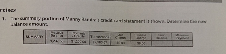 Solved: rcises 1. The summary portion of Manny Ramira's credit card ...