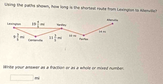 Using the paths shown, how long is the shortest route from Lexington to Allenville?
Write your answer as a fraction or as a whole or mixed number.
□ mi