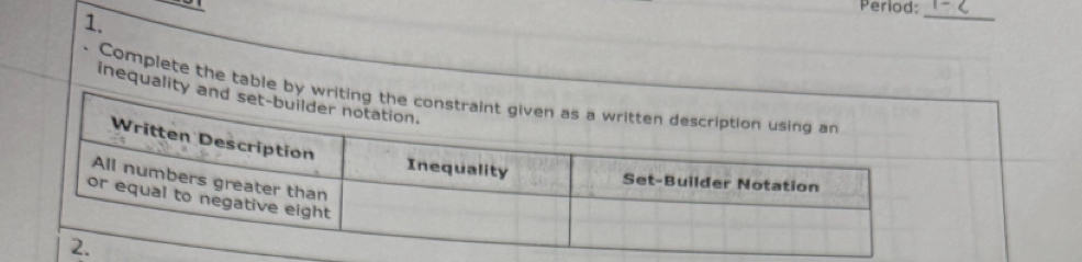 Period: 
1. 
_ 
Complete the table 
inequali