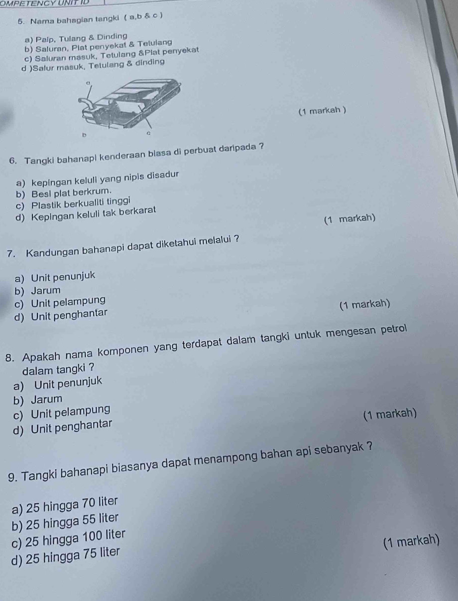 OMPETENCY UNIT ID
5. Nama bahagian tangki ( a,b & c )
a) Palp, Tulang & Dinding
b) Saluran, Plat penyekat & Telulang
c) Saluran masuk, Tetulang &Plat penyekat
d )Salur masuk, Tetulang & dinding
(1 markah )
6. Tangki bahanapl kenderaan blasa di perbuat daripada ?
a) kepingan keluli yang nipis disadur
b) Besi plat berkrum.
c) Plastik berkualiti tinggi
d) Kepingan keluli tak berkarat
(1 markah)
7. Kandungan bahanapi dapat diketahui melalui?
a) Unit penunjuk
b) Jarum
c) Unit pelampung
(1 markah)
d) Unit penghantar
8. Apakah nama komponen yang terdapat dalam tangki untuk mengesan petrol
dalam tangki ?
a) Unit penunjuk
b) Jarum
c) Unit pelampung
(1 markah)
d) Unit penghantar
9. Tangki bahanapi biasanya dapat menampong bahan api sebanyak ?
a) 25 hingga 70 liter
b) 25 hingga 55 liter
c) 25 hingga 100 liter
(1 markah)
d) 25 hingga 75 liter