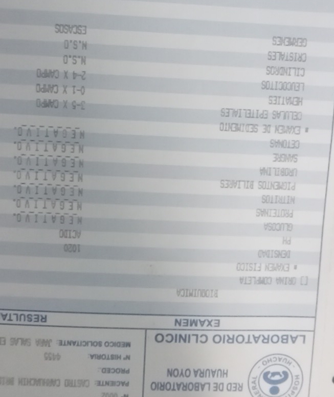 a RED DE LABORATORIO Paciente:CASTRO CarhuAchim Br o
HUAURA OYON PROCED.:
Huacho N° HISTORIA: 4455
LABORATORIO CLINICO edico solicitante: Jara Sálas el
EXAMEN RESULTA
RIOQUIMICA
a ORINA COMPLETA
# EXAMEN FÍSiCo
DENSIDAD
1020
PH
ACIDO
GLUCOSA H_E_GA_T IVO.
PROTEINAS N_E_G_A_T_I_V_D.
NITRITOS N_E_G_A_T_I_V_D.
PIGMENTOS BILIARES W_E_G_A_T_I_V_O.
UROBILINA N_E_G_A_T_I_V_D。
SANGRE NEGạTΙVO.
CETONAS ME G AT IVD.
# EXAMEN DE SEDIMENTO
CELULAS EPITELIALES 3-5 X CAMPD
HEMATIES 0-1 X CAMPO
LEUCOCITOS 2-4 X CAMPO
CILINDROS
N.S.D
CRISTALES N.S. 0
GERMENES
ESCASOS