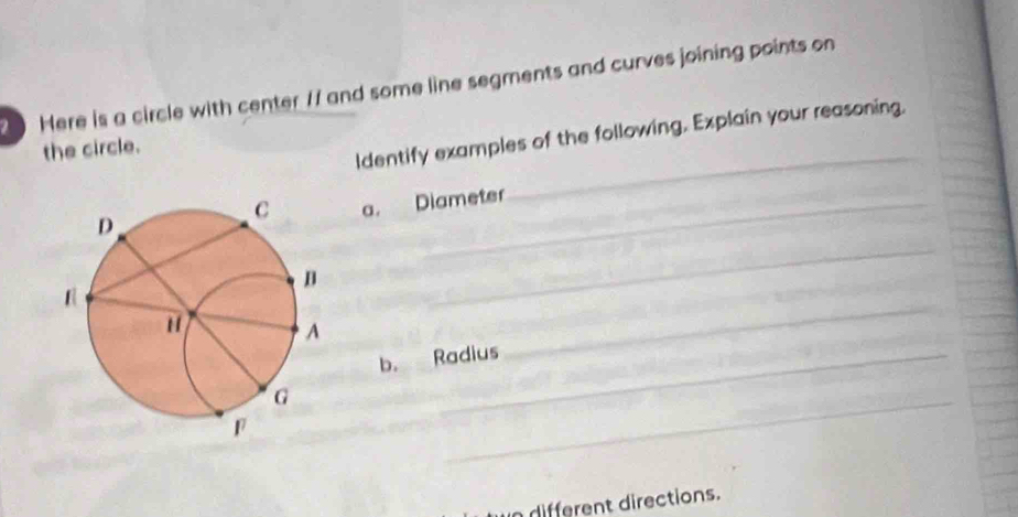 Here is a circle with center /1 and some line segments and curves joining points on 
Identify examples of the following, Explain your reasoning. 
the circle. 
a. Diameter 
_ 
_ 
b. Radius 
_ 
_ 
in different directions.