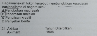 Bagaimanakah tokoh tersebut membangkitkan kesedaran
nasionalisme di negara kita?
A Penubuhan madrasah
B Penerbitan majalah
C Penulisan kreatif
D Penyebar berita
24. Akhbar Tahun Diterbitkan
Al-Imam 1906