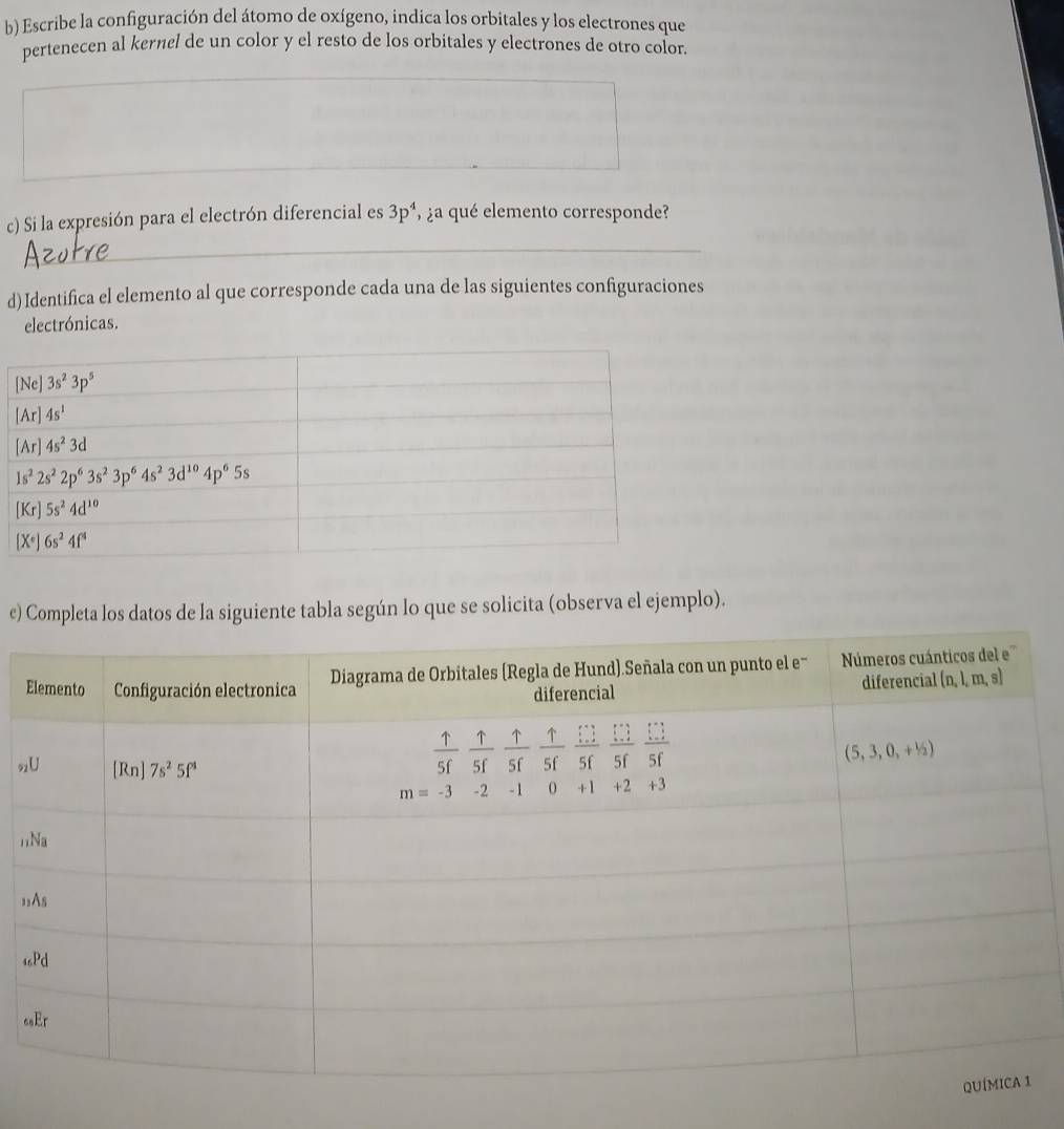 Escribe la configuración del átomo de oxígeno, indica los orbitales y los electrones que
pertenecen al kernel de un color y el resto de los orbitales y electrones de otro color.
c) Si la expresión para el electrón diferencial es 3p^4 ¿a qué elemento corresponde?
d)Identifica el elemento al que corresponde cada una de las siguientes configuraciones
electrónicas.
c) Completa los datos de la siguiente tabla según lo que se solicita (observa el ejemplo).
n
n
;
1
c