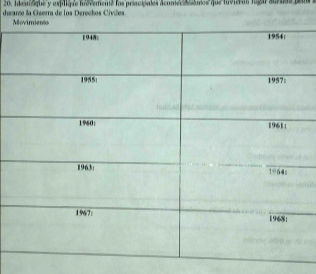 Identifique y explique brevemente los principales acontecimientos que luvieron lugar aurante estos a 
durante la Guerra de los Derechos Cíviles.