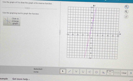 Use the graph of f to draw the graph of its inverse function
Use the graphing tool to graph the function
Click to
enlarge 
graph
Selected:
none Deleto Clear ?
xample Get more help -