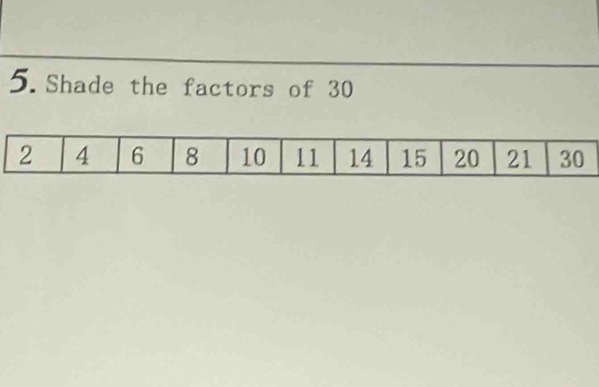 Shade the factors of 30