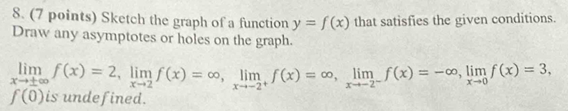 Sketch the graph of a function y=f(x) that satisfies the given conditions.
Draw any asymptotes or holes on the graph.
limlimits _xto ± ∈fty f(x)=2, limlimits _xto 2f(x)=∈fty , limlimits _xto -2^+f(x)=∈fty , limlimits _xto -2^-f(x)=-∈fty , limlimits _xto 0f(x)=3,
f(0) is undefined.