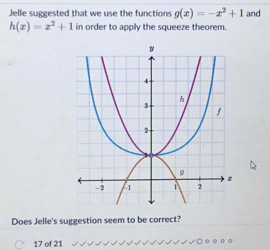 Jelle suggested that we use the functions g(x)=-x^2+1 and
h(x)=x^2+1 in order to apply the squeeze theorem. 
Does Jelle's suggestion seem to be correct? 
17 of 21