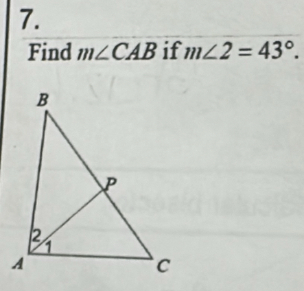 Find m∠ CAB if m∠ 2=43°.