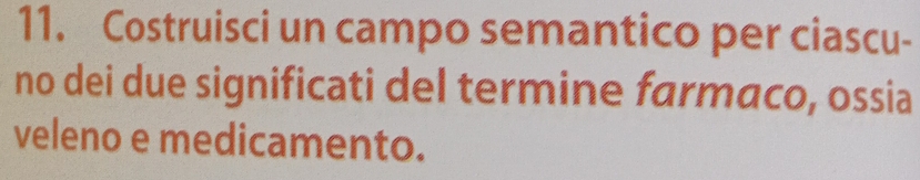 Costruisci un campo semantico per ciascu- 
no dei due significati del termine farmaco, ossia 
veleno e medicamento.