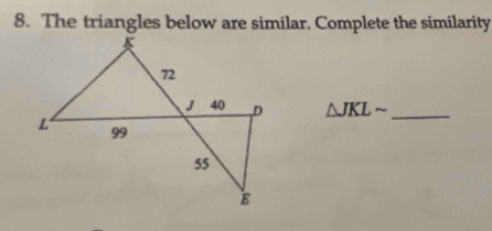 The triangles below are similar. Complete the similarity
△ JKLsim _