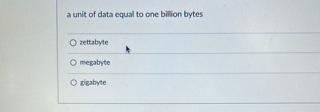 a unit of data equal to one billion bytes
zettabyte
megabyte
gigabyte