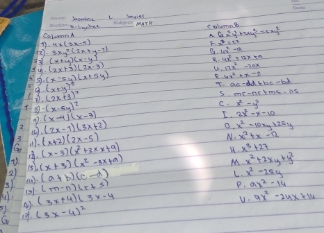 lasmine L senvits
ColumnA t-lachee u00m MArH
columnB
A. 6x^2y^2+3xy^3=2xy^2
F.
(2 3xy^2(2x+y-1)
G. 4x^2-a
3 (x+y)(x-y)
B.
(2x+3)(2x-3)
u. 12x^2-20x
(x-5y)(x+5y)
E
9 (x+y)^- 1/2 
T. ac-ddtbe-bd
(2x+3)^2
S. mincrms. as
⑧ (x-5y)^2
C. x^2-y^2
a. (x-4)(x-3)
I. 2x^2-x-10
(). (2x-7)(3x+2)
o. x^2-10xy+25y
(x+2)(2x-5)
N. x^2+x-12
3 1). (x-3)(x^2+3xx+9)
H. x^3+27
7). 1. (x+3)(x^2-3x+a) x^2+2xy+y^2
M
L. x^2-25y
2) (a+b)(c-d) 9x^2-16
(a ).
3 131 (m-n)(r+s)
P.
4). (3x+4)(3x-4
v.
( ) 9x^2-24x+16
). (71. (3x-4)^2
G