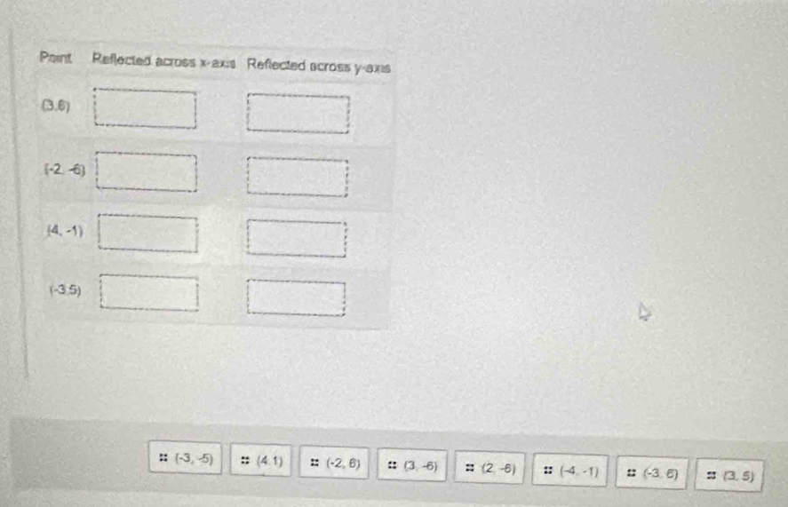 (-3,-5) (4,1) :: (-2,6) :: (3,-6) (2,-6) :; (-4,-1) :: (-3,6) (3,5)