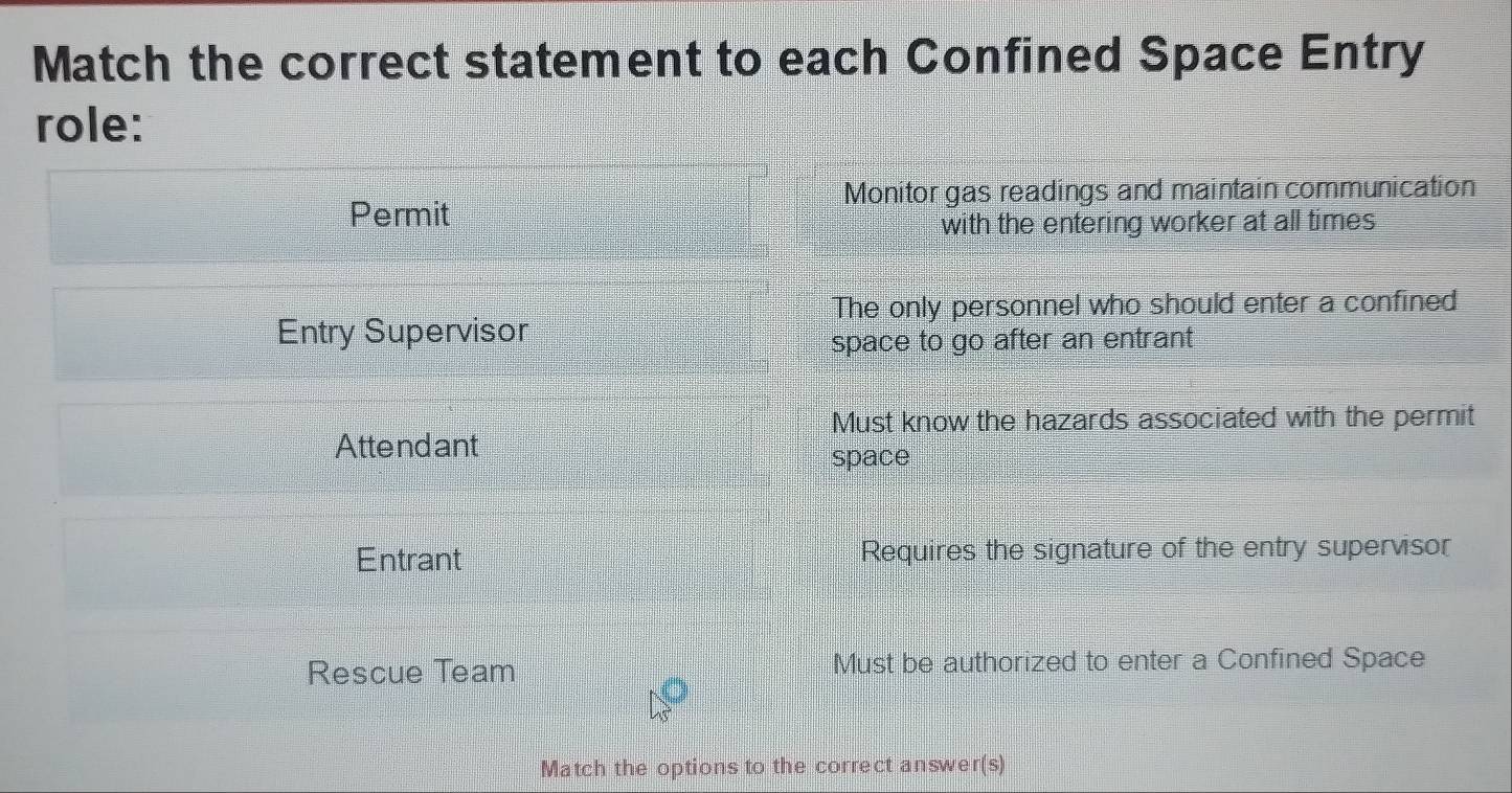 Match the correct statement to each Confined Space Entry
role:
Monitor gas readings and maintain communication
Permit
with the entering worker at all times
The only personnel who should enter a confined
Entry Supervisor
space to go after an entrant
Must know the hazards associated with the permit
Attendant
space
Entrant Requires the signature of the entry supervisor
Rescue Team Must be authorized to enter a Confined Space
Match the options to the correct answer(s)