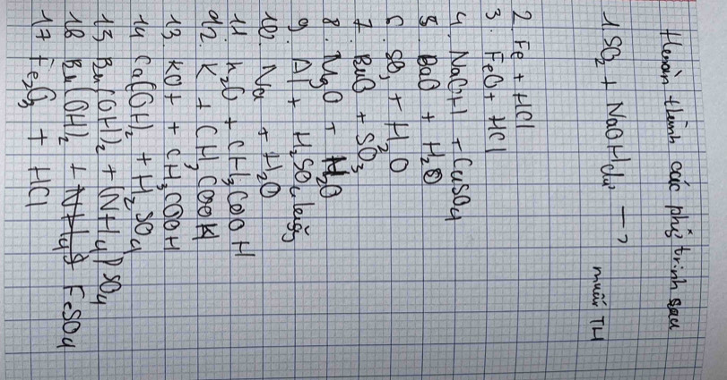 flenain thimh cac ph trinh sau 
1.SO_2+NaOHd_,to  muài TH 
2 Fe+HCl
3. FeO+HC1
NaCH+CuSO_4
BaO+H_2O
C. SB,+H_2O. RuB+SO_3
8. MgO+H_2O
9. Al+H_2SO_4lesj
Na+H_2O
H_2C+CH_3COOH
ah. K+CH, COOH
13 KO++CH_3COOH
14 Ca(OH)_2+H_2SO_4
13 Bu(OH)_2+(NH_4)SO_4
18 Bu(OH)_2+NH_4to FeSO_4
14 Fe_2O_3+HCl