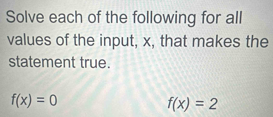 Solve each of the following for all 
values of the input, x, that makes the 
statement true.
f(x)=0
f(x)=2